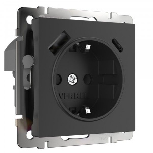 Розетка с заземлением и USB A+C Werkel (черный матовый) БЕЗ РАМКИ