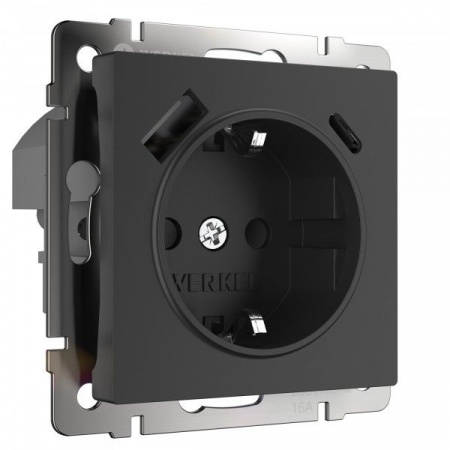 Розетка с заземлением и USB A+C Werkel (черный матовый) БЕЗ РАМКИ